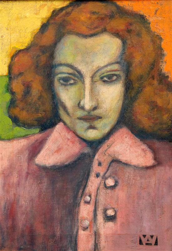 Attributed to Alfred Wolmark (1877-1961) Portrait of a woman wearing a pink coat, 14 x 10in.